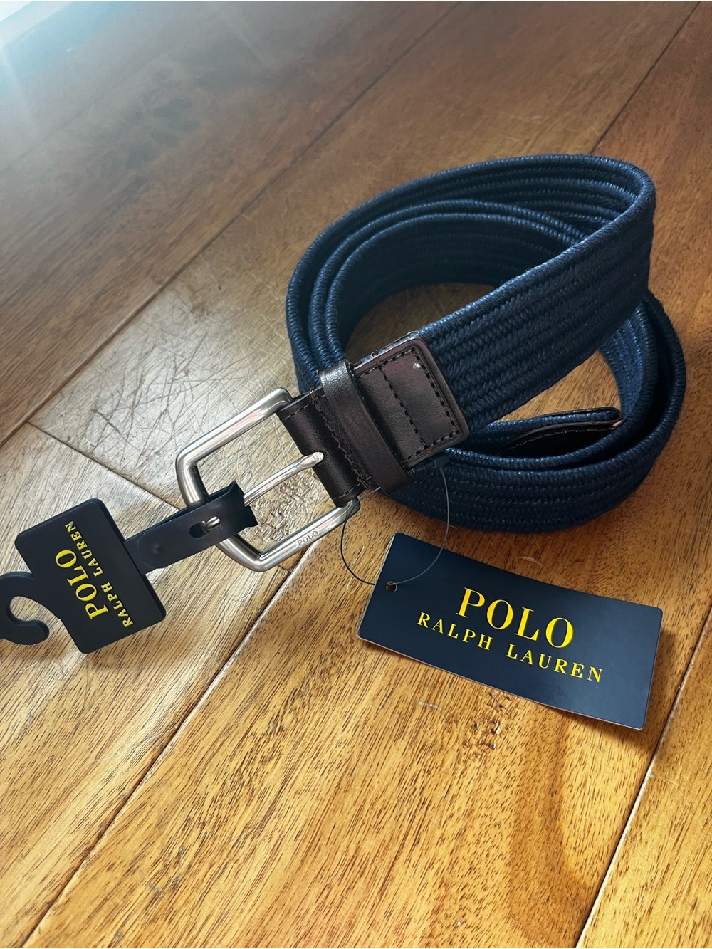 Polo by Ralph Lauren Navy Braided Belt with Brown Leather Trim Size XL NWT